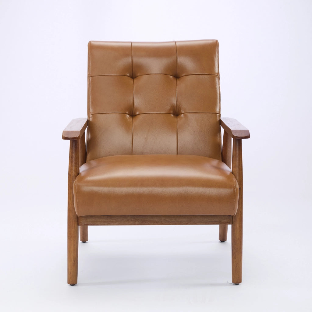 Poltrona Loungesessel con Schienale con Cuciture Pull-Point e Struttura Stabile, in Pelle, Legno, Marrone Chiaro