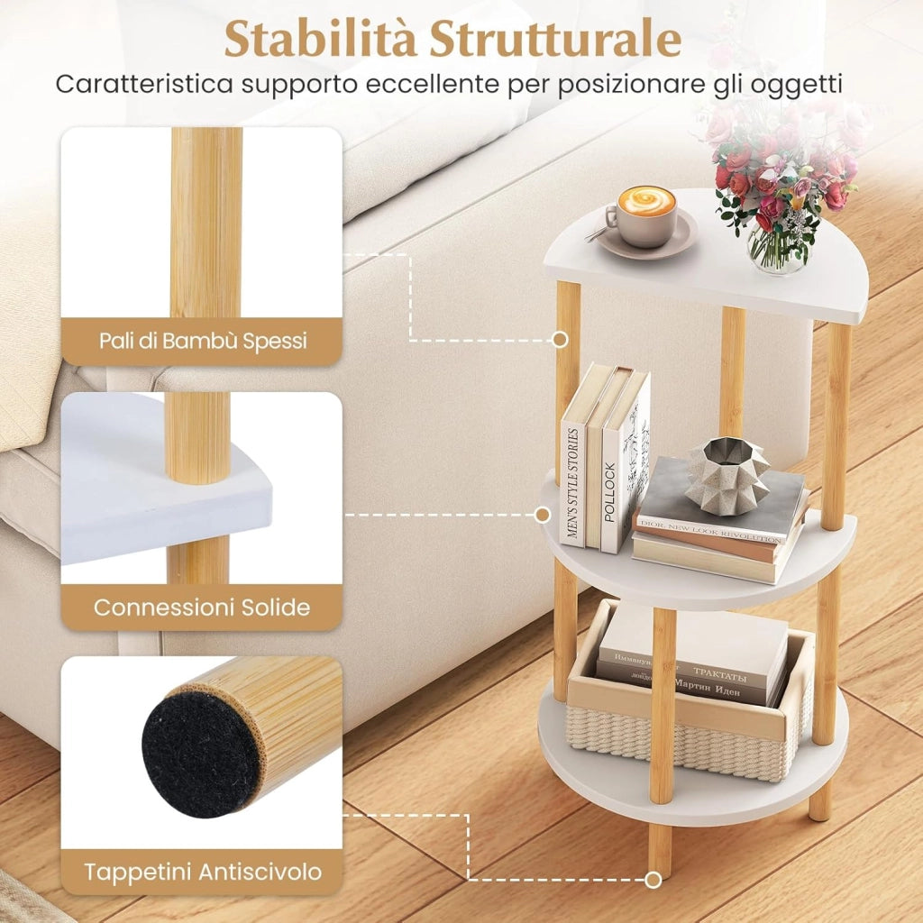 Set di 2 Tavolini da Salotto, Tavolino Laterali Circolari a 3 Ripiani con Struttura in Bamboo, Tavolino Basso da Divano e Letto per Soggiorno e Camera da Letto