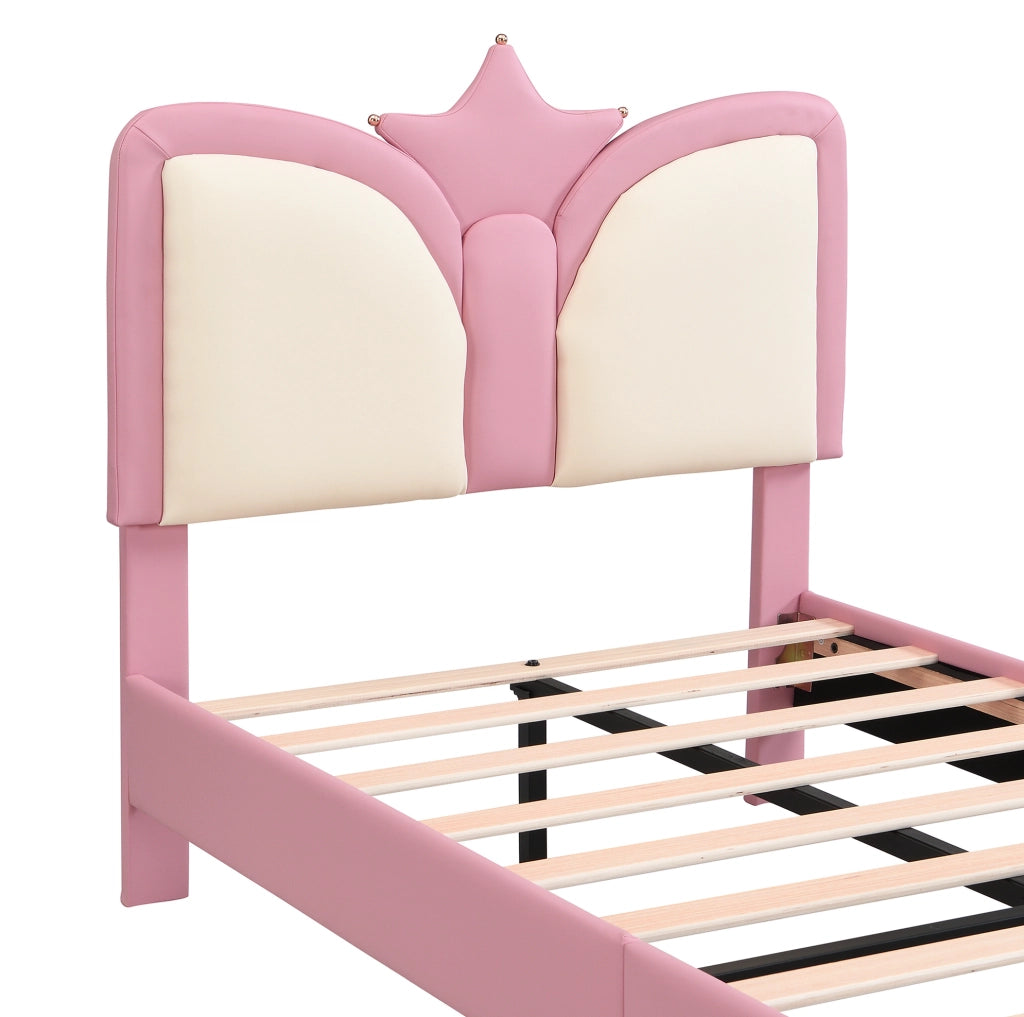 Letto imbottito 90x200 cm con testiera a corona in PU rosa e bianco