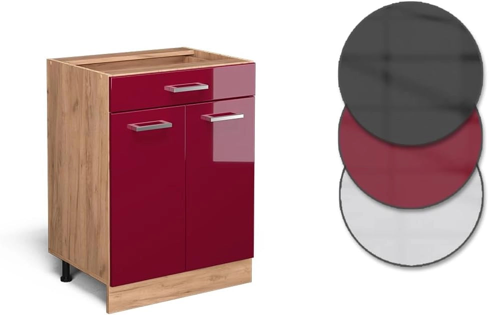 Mobiletto base per cucina R-Line, Rosso lucido, 60 cm con cassetto, senza piano di lavoro, per la libera combinazione all'interno di sistemi cucina modulari