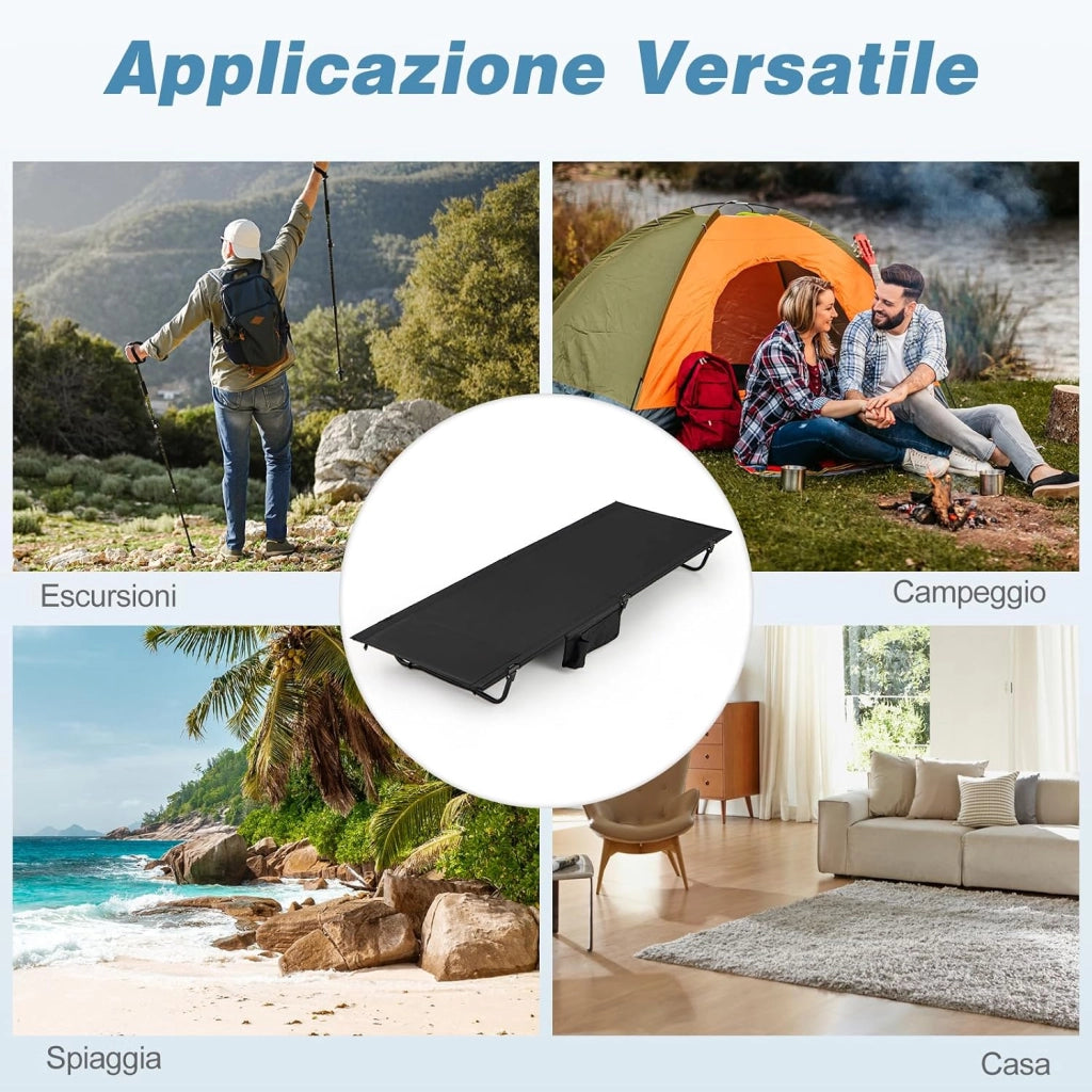 Brandina da Campeggio, Letto Pieghevole e Portatile con Tasca Laterale e Borsa da Trasporto, Lettino con Struttura in Metallo per Viaggio e Spiaggia, Portata 150 kg