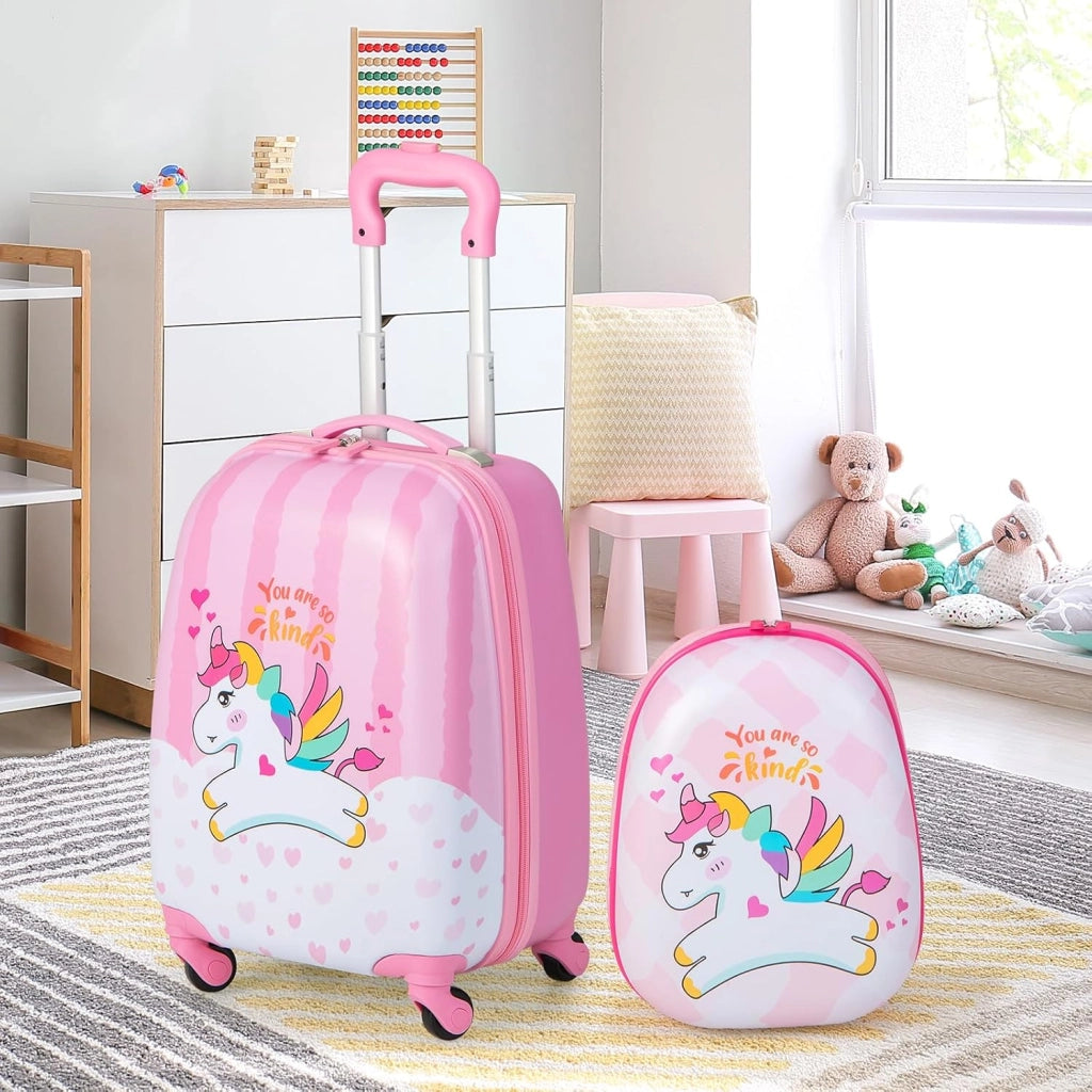 Set di Valigia 16’’ + Zaino 12’’ per Bambini 2 Pezzi, Bagagli 2-in-1 con Zainetto da Viaggio Aereo, Trolley con Maniglia Telescopica e 4 Ruote a 360° (Rosa Unicorno-A)