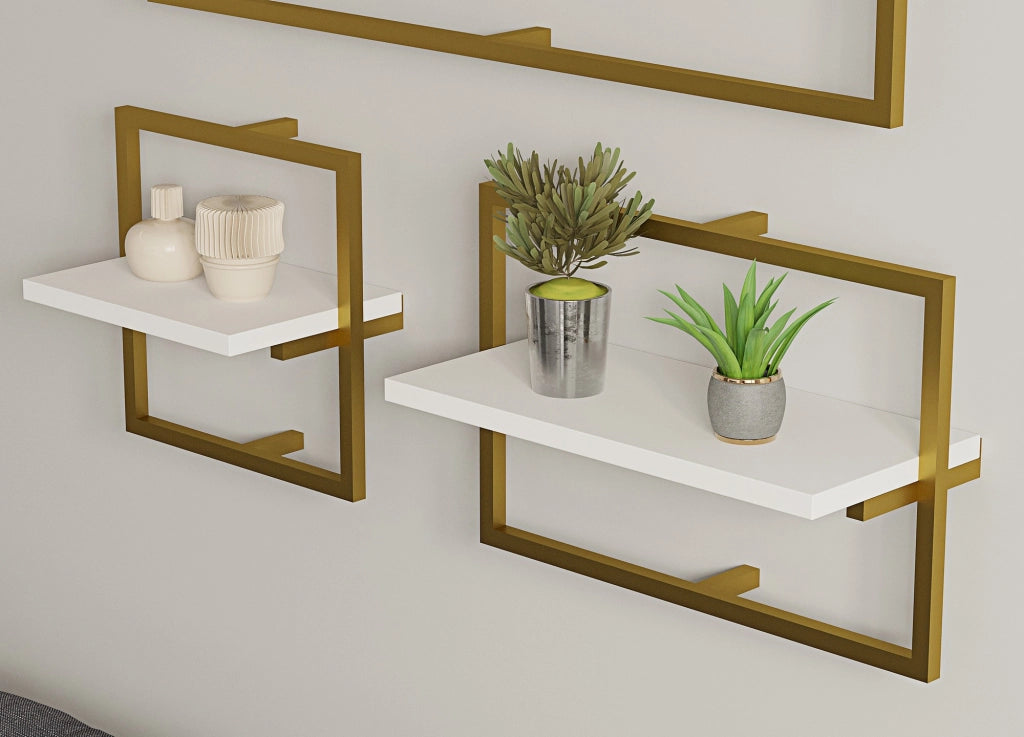 Mensola da parete in legno "Yeso" - 80 x 20 x 30 cm - Bianco, Oro
