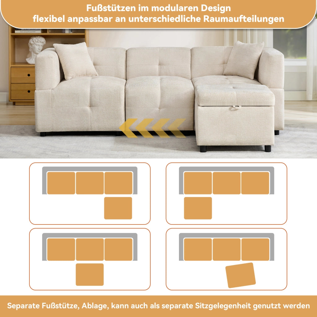 Divano ad Angolo Modulare 3 Posti con Vano Contenitore e Pouf Rimovibile con 2 Cuscini Struttura Stabile in Ciniglia Beige
