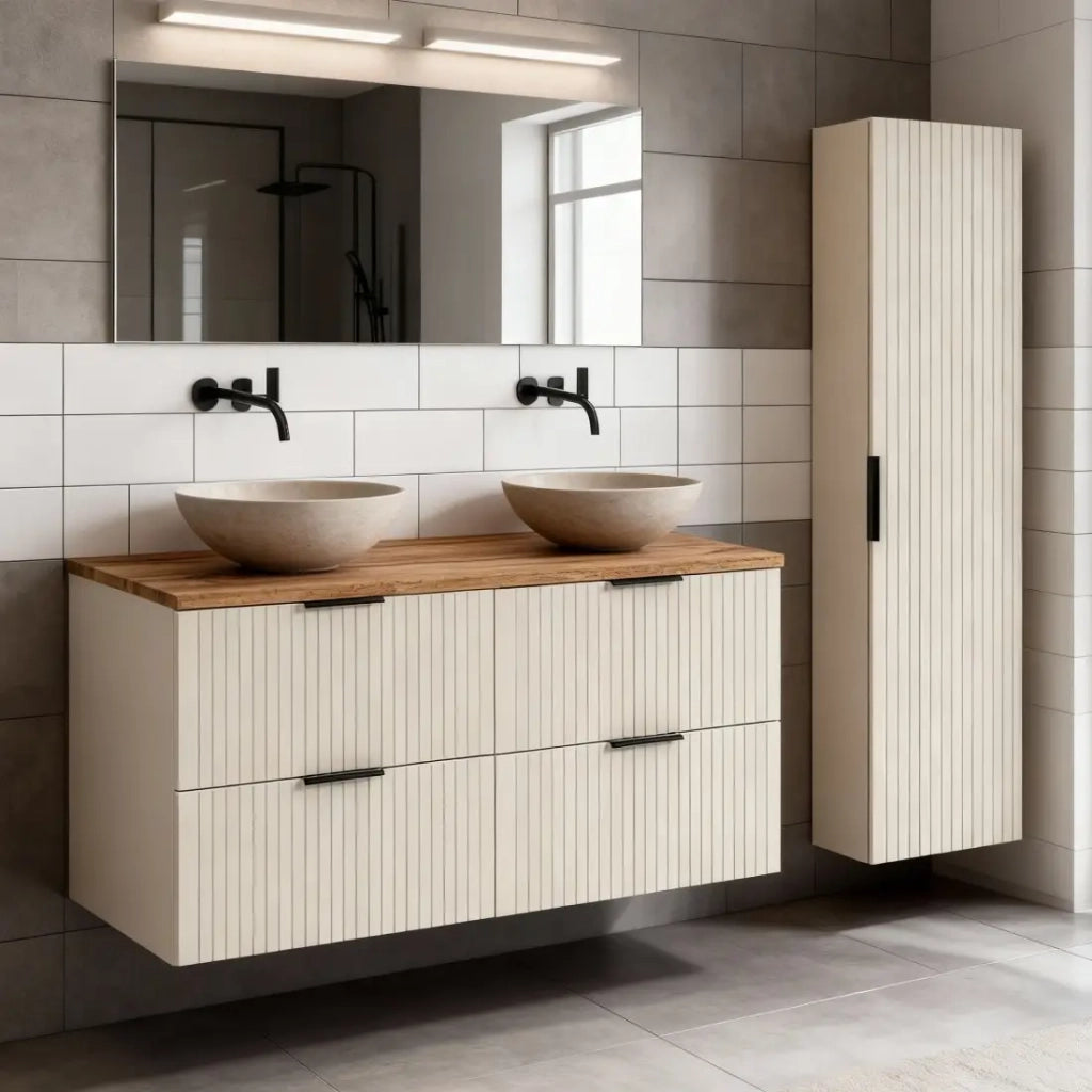 Set da bagno NOXERA 120 cm – Marrone Congo – piano per lavabo + colonna sospesa