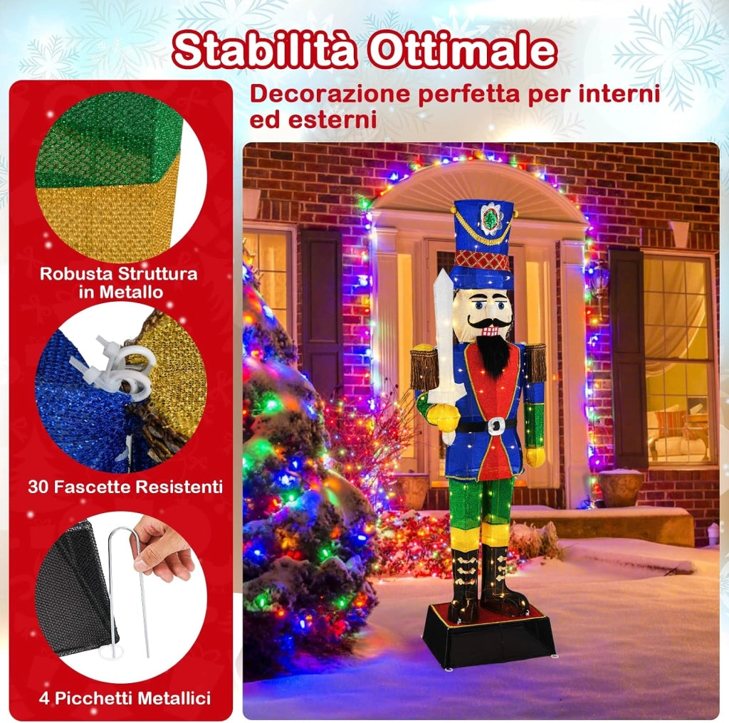 Soldato di Natale Illuminato 184 cm, Soldatino Schiaccianoci Illuminato con 110 Luci LED, Fascette e Base, Decorazioni Natalizie per Interno ed Esterno (2 Pezzi)