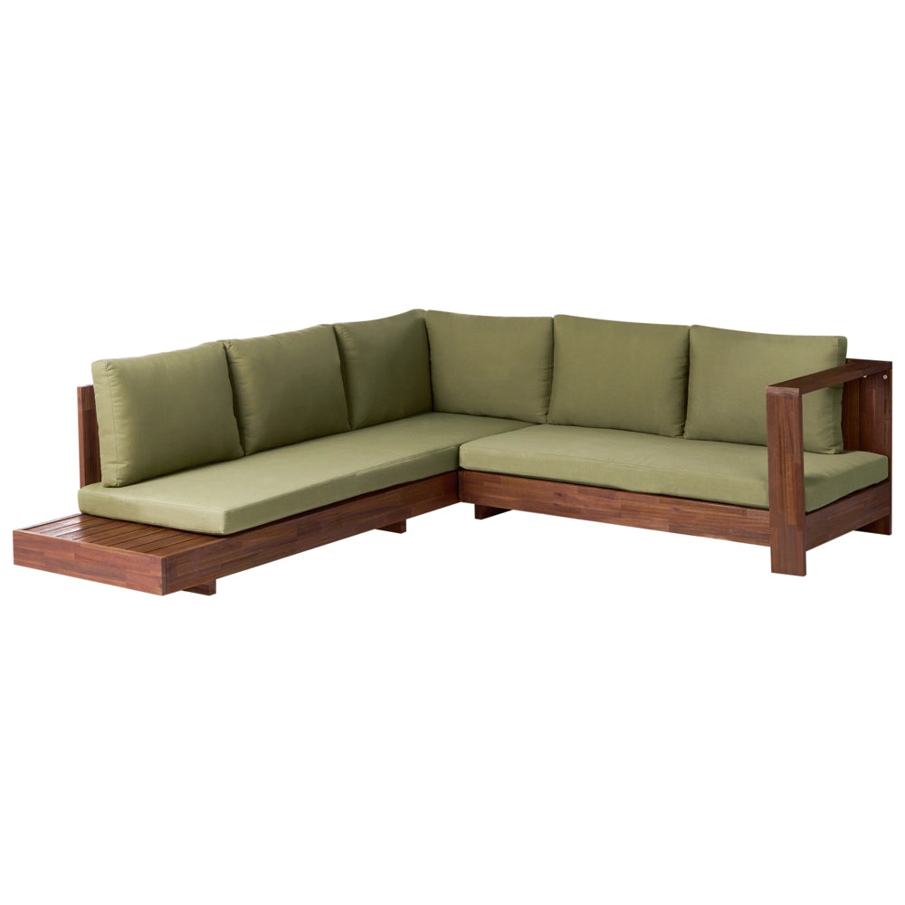 Set Lounge da Giardino ad Angolo Sinistro da 5 Posti con Tavolino Laterale e Cuscini Verdi in Legno di Acacia Certificato Chiaro