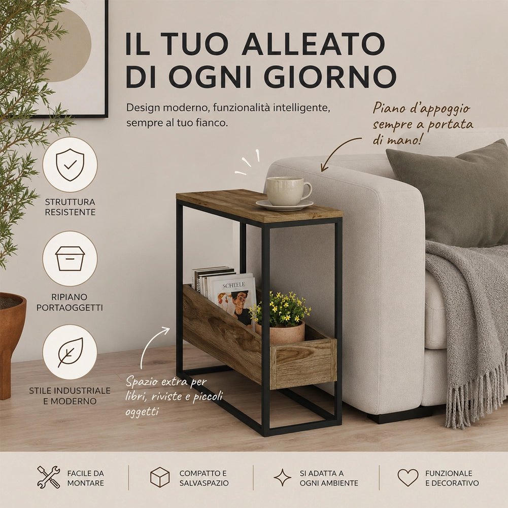 Tavolino Laterale Divano con 2 Ripiani Tavolo Multiuso Nero e Rovere 60x22x62cm
