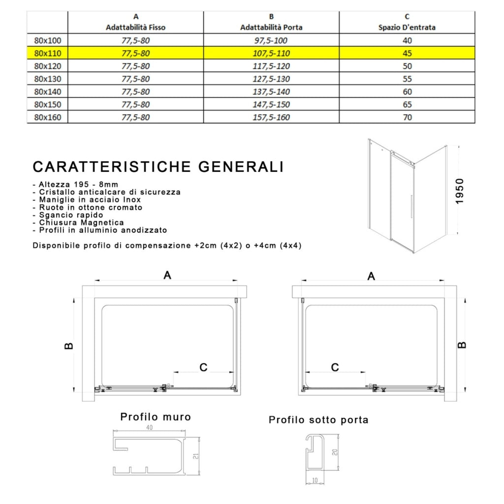 Box doccia due lati fume porta scorrevole senza profili h195 8mm anticalcare euclide, misura 80x110