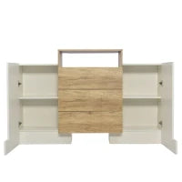Credenza Moderna con 2 Ante, 2 Ripiani e 3 Cassetti, con Illuminazione a LED, 140x30x77.5 cm, Bianco e Color Legno Naturale