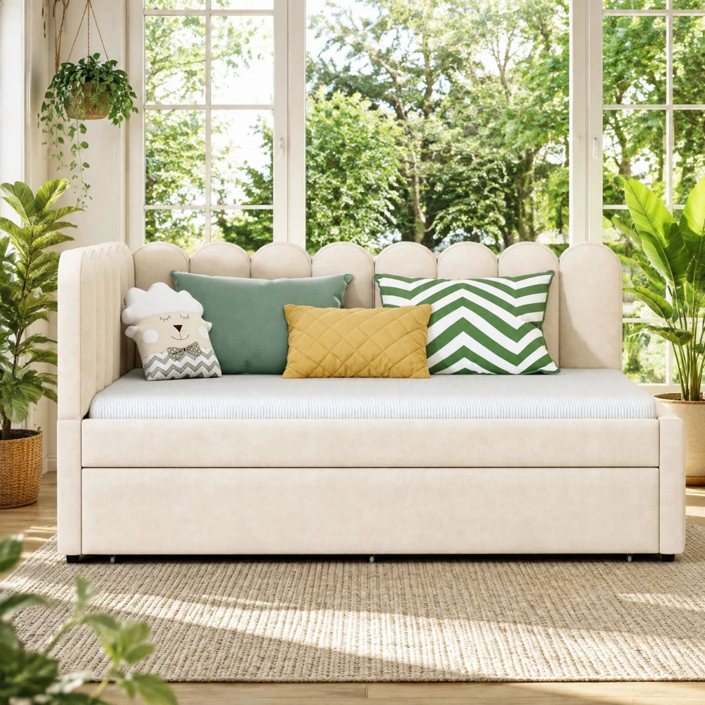 LETTO SOFA L 140x200 cm in velluto beige con letto estraibile