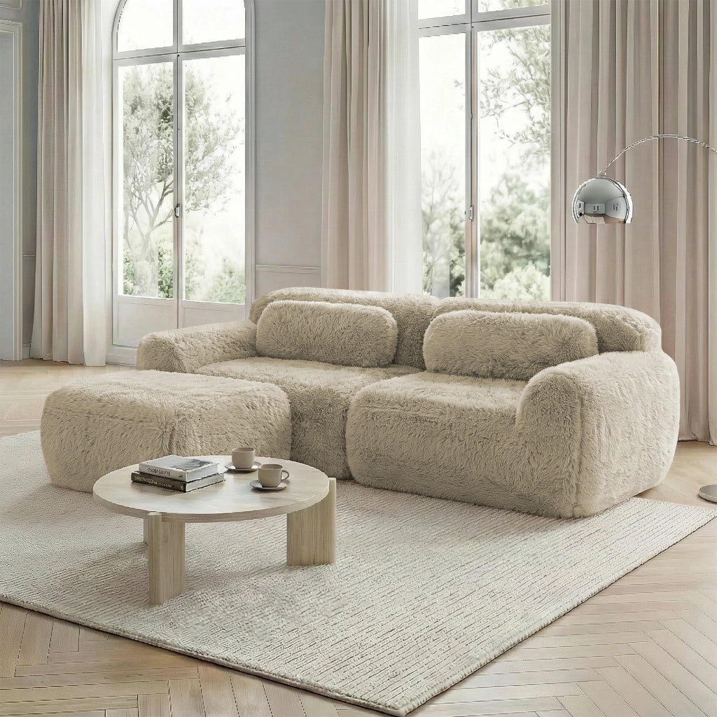 Divano Modulare 2 Posti Divano ad Angolo con Pouf Riconfigurabile in Peluche Cachi Chiaro
