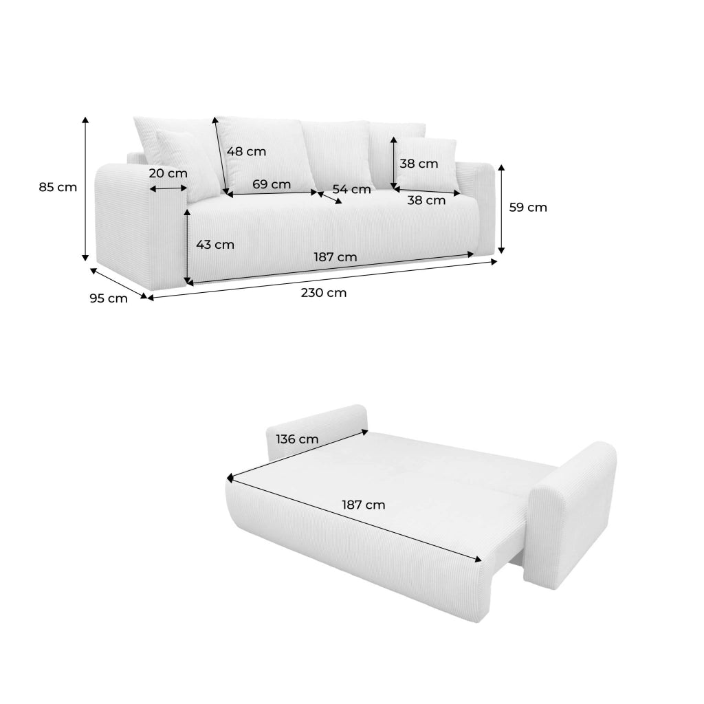 Divano letto in velluto a coste con contenitore, 3 posti, beige grigio