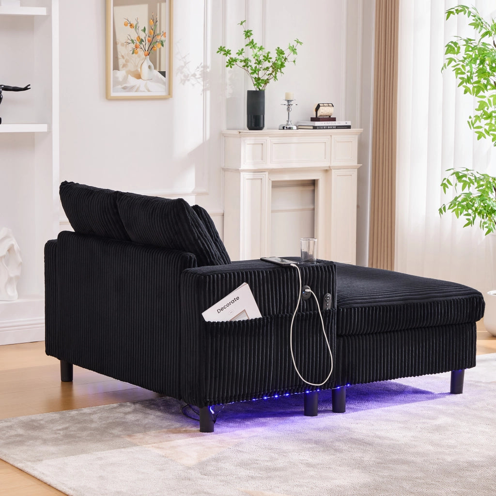 OKWISH Chaise Longue con USB, LED Multicolore e Portabicchieri, Seduta Profonda e Schienale Ergonomico, Velluto a Coste, Nero