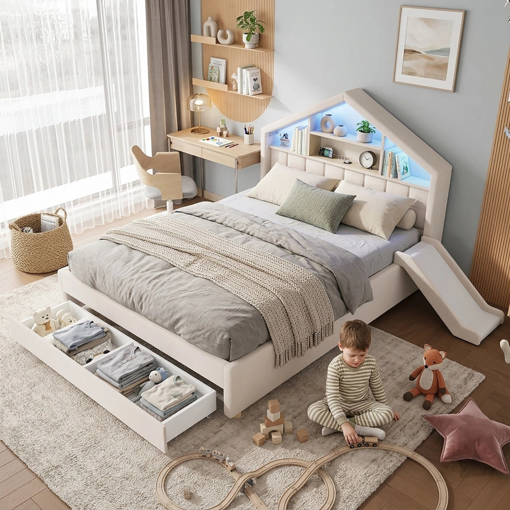 Letto per bambini imbottito con scivolo e LED, 140x200 cm, beige