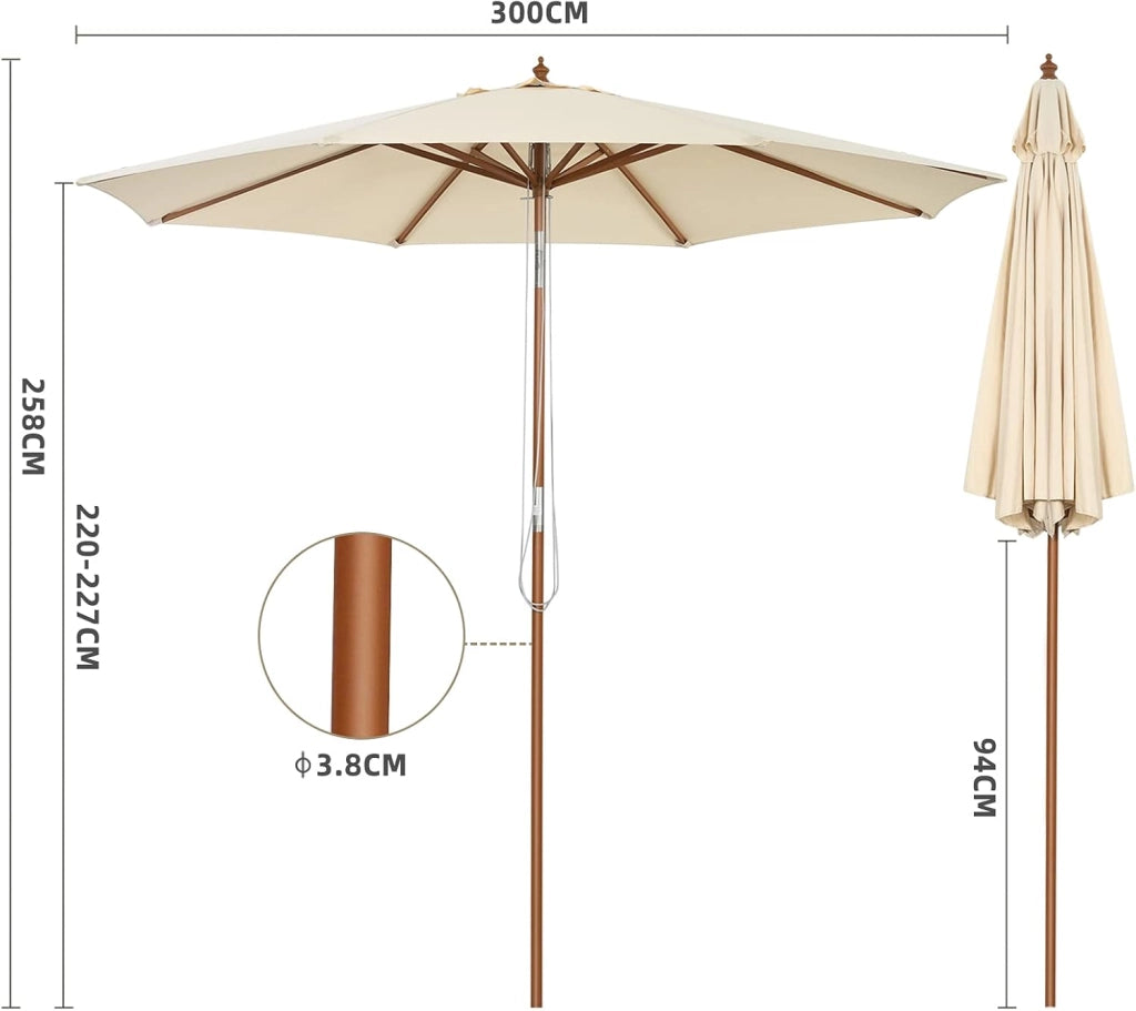 Ombrellone da Giardino 270 cm/300 cm, con Inclinazione Regolabile, 8 Stecche, Struttura di Legno a Carrucola, per Giardino Cortile Piscina (3 m)