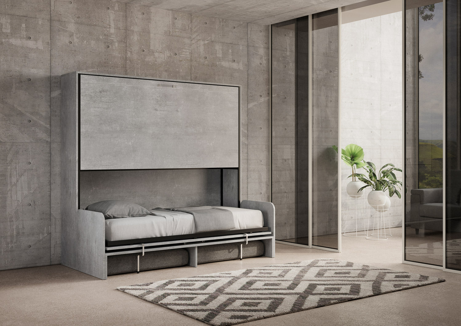 Letto Doppio A Scomparsa Kando Con Divano Con Materassi Cemento e Grigio