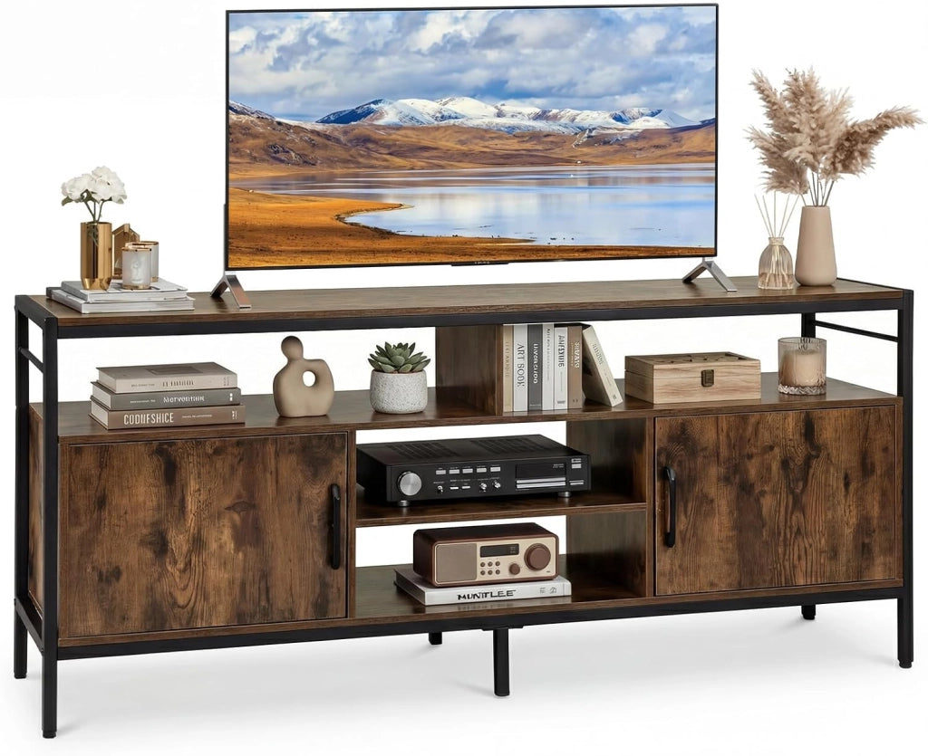 Mobile TV Soggiorno fino a 65", con 2 Armadietti e 4 Ripiani Aperti, Tavolino Porta TV con Gambe in Metallo, Centro di Intrattenimento per Soggiorno Camera da Letto (Marrone, 147 x 35 cm)