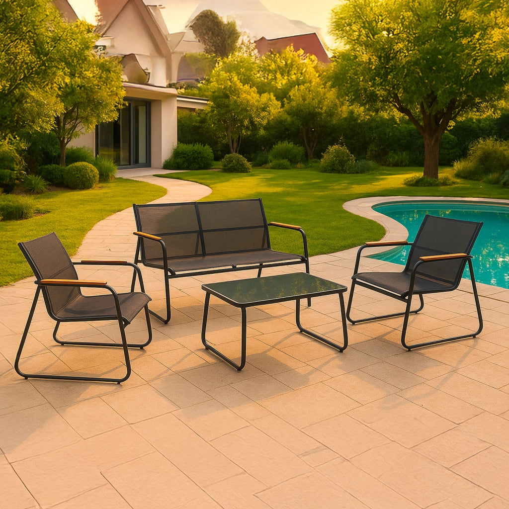 Set Salotto da Giardino 4 Pezzi Bali Divano Poltrone e Tavolino in Acciaio Textilene Grigio