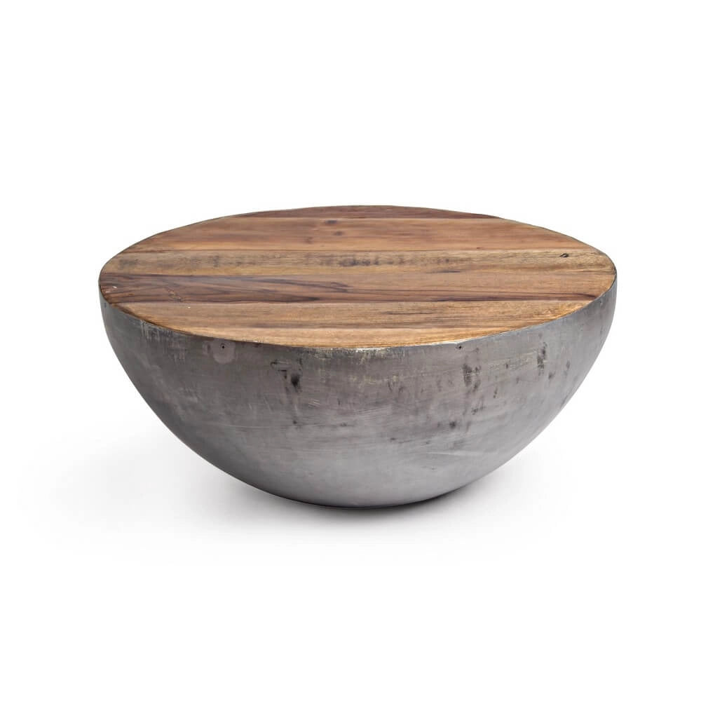 Tavolino Rotondo in Acciaio e Legno Riciclato Base Semisfera - ZEN
