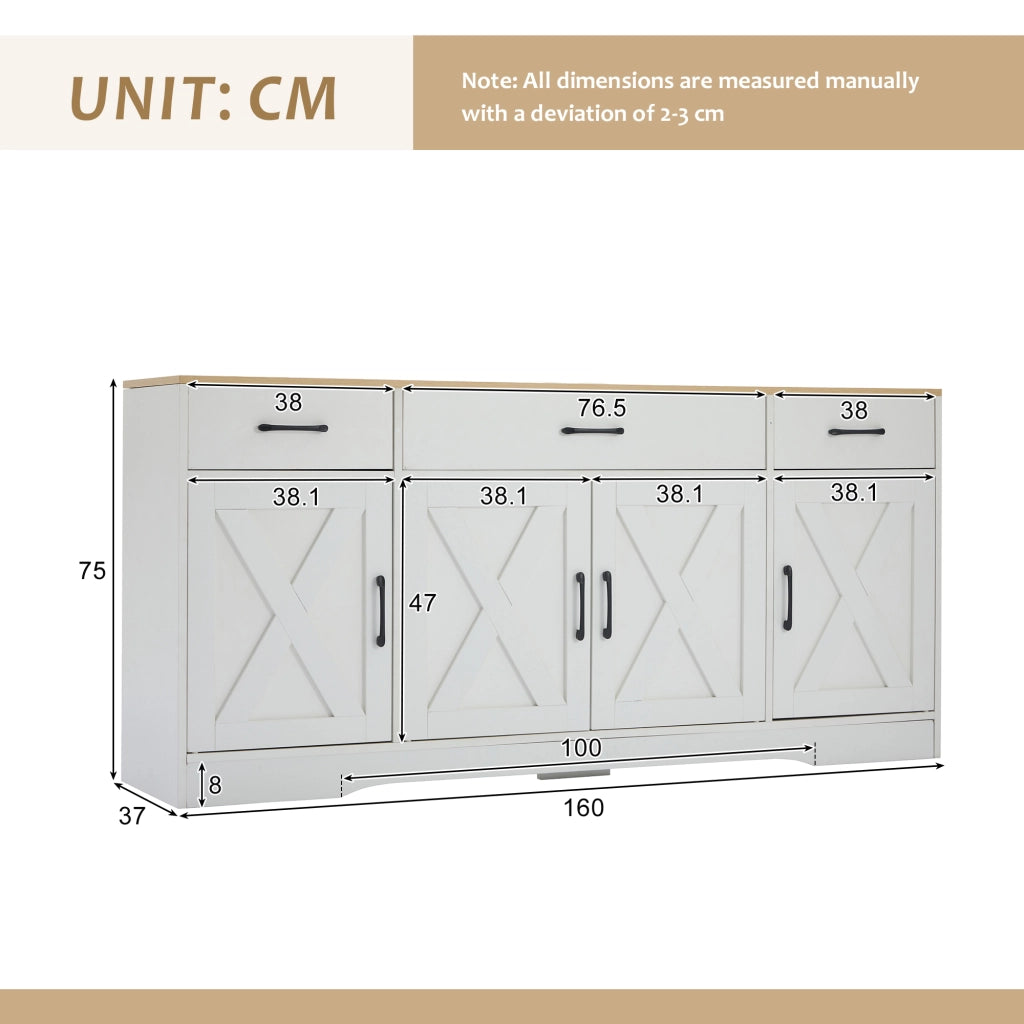 Credenza e madia con 3 cassetti e 4 ante in MDF, stile industriale, per soggiorno e ingresso, bianco 160 × 37 × 75 cm