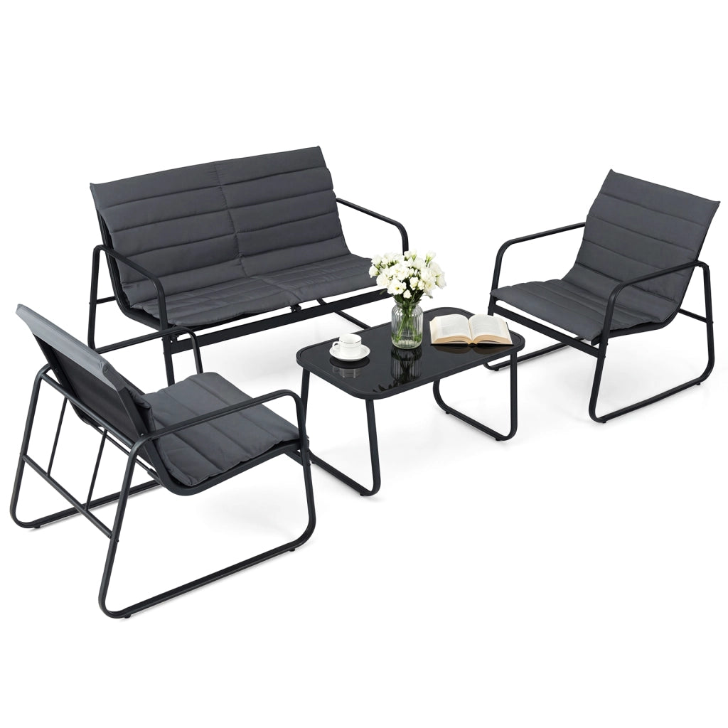 Mobili esterno 4 pz salotto patio cuscini morbidi tavolino vetro temperato-Mobili sedie giardino veranda balcone cortile
