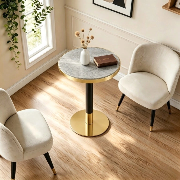 Tavolino basso rotondo con piano effetto marmo e bordo metallico dorato, base stabile in metallo, 60 × 73,7 cm