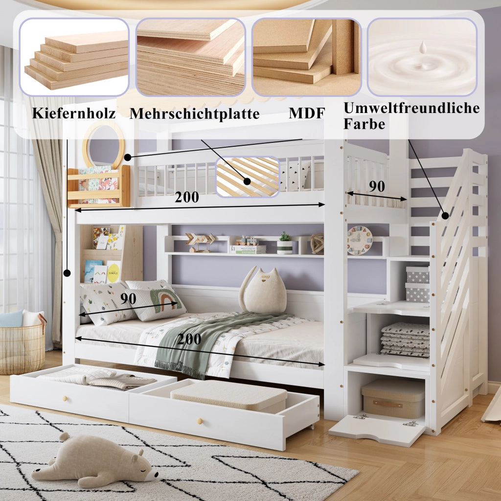 Letto a Castello 90x200 cm con Scala Contenitore; 2 Cassetti e Sponda in Legno