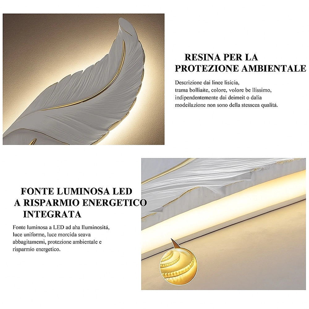 Trade Shop - Applique Led Lampada Muro 12w Cct 3 Tonalità Luce Design Piuma Bianca Oro Resina Aq24-b3c -