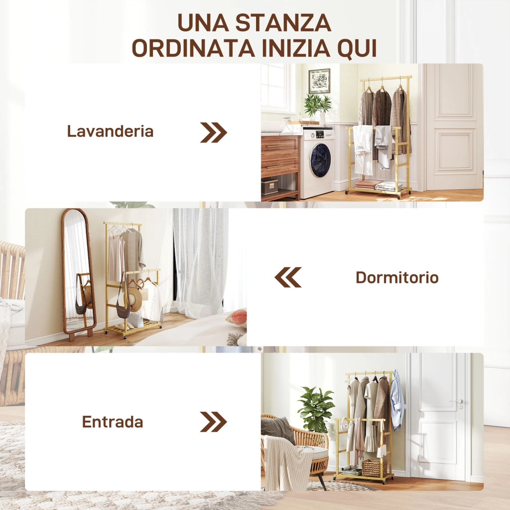 Appendiabiti con Ripiano e 4 Ruote in Bamb¨´ ¨C zephmum ¨C Legno Naturale 80x40x160 cm