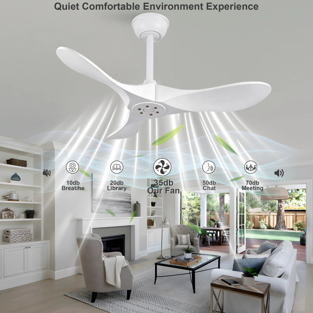 Ventilatore da soffitto bianco design moderno 36 pollici, 3 pale legno massello, senza illuminazione, motore DC reversibile silenzioso
