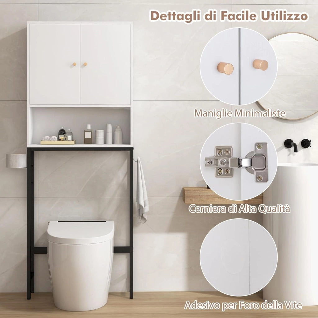 Scaffale Bagno 165,5 cm Sopra WC, Mobile Bagno Salvaspazio con 2 Porte, Ripiano Regolabile, Bara Inferiore Regolabile, 2 Ganci Laterali, Organizzatore sopra Gabinetto per Lavanderia (Bianco)