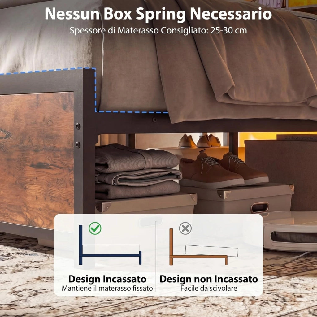 Struttura Letto con Testiera Contenitore, Letto a Piattaforma in Metallo con Stazione di Ricarica 3 Ripiani, Silenzioso, Carico Massimo 300kg (140 x 200cm Stile 2)