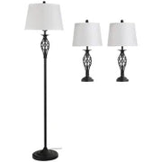 Set 3 Pezzi: 1 Lampada da Terra e 2 Lampade da Tavolo in Metallo, Design Vintage, Lampadine E27, Nero e Bianco