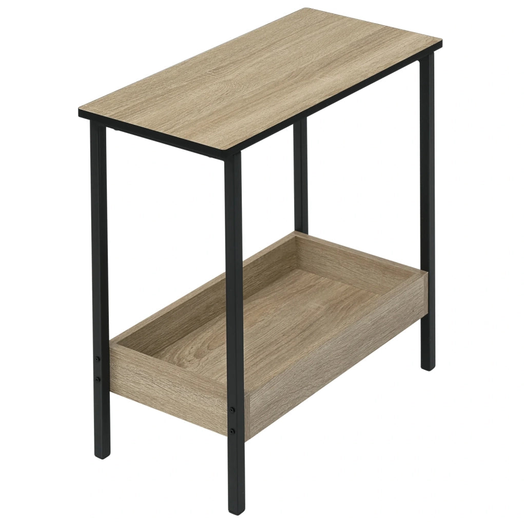 Tavolino Laterale Quadrato con Due Ripiani in Legno e Struttura in Metallo Nero 50x55x25 cm