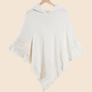Mantella/scialle da donna con cappuccio in maglia, maglione a maglia larga, tinta unita, con nappe, mantella calda e versatile.