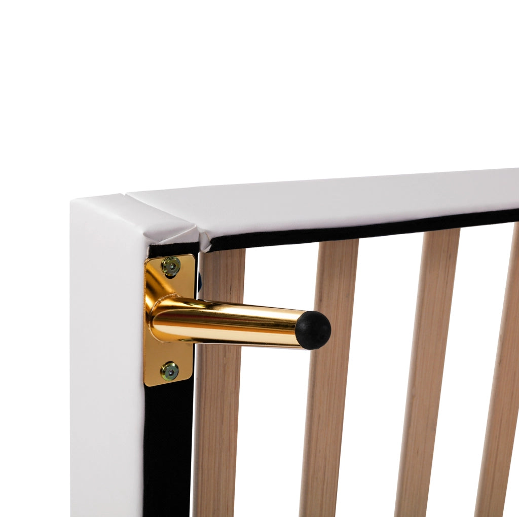 Letto imbottito 90x200 cm; 140x200 cm; testiera a conchiglia con LED; MDF ecopelle e metallo; bianco (Senza materasso)