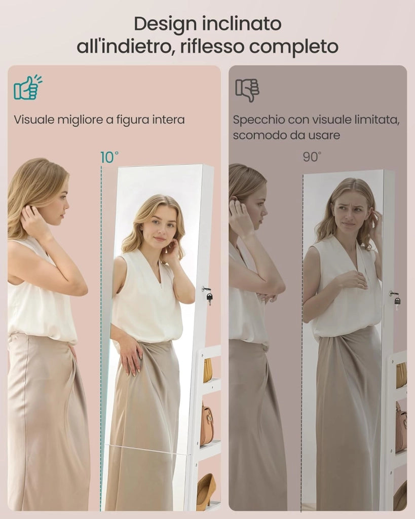 SONGMICS Armadietto Portagioie, Specchio Portagioielli a Figura Intera, 4 Ripiani, Luci LED Interne, Girevole a 360°, per Camera da Letto Cabina Armadio Ingresso, Bianco Nuvola JJC027WH01