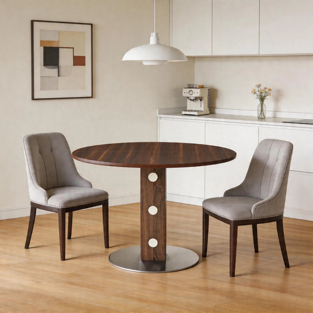 Tavolo da pranzo rotondo con piano effetto noce e base in metallo, per cucina e soggiorno, diametro 100 cm, altezza 76 cm