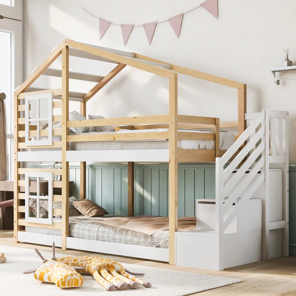 Letto a Castello Baumhaus per Bambini ¨C MINIMAL ¨C 90x200, Legno, Bianco, 2 Reti a Doghe