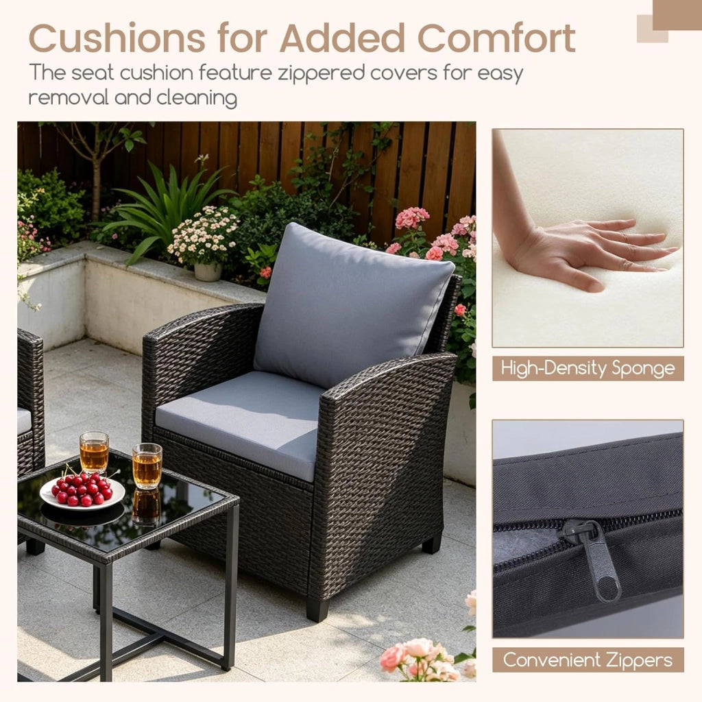 Set da Giardino 3 Pezzi, Set Salotto Esterno per 2 Persone, 2 Poltrone con Cuscini + 1 Tavolino con Piano in Vetro, Mobili da Esterno per Balcone, Terrazza, Cortile (Nero+Grigio)