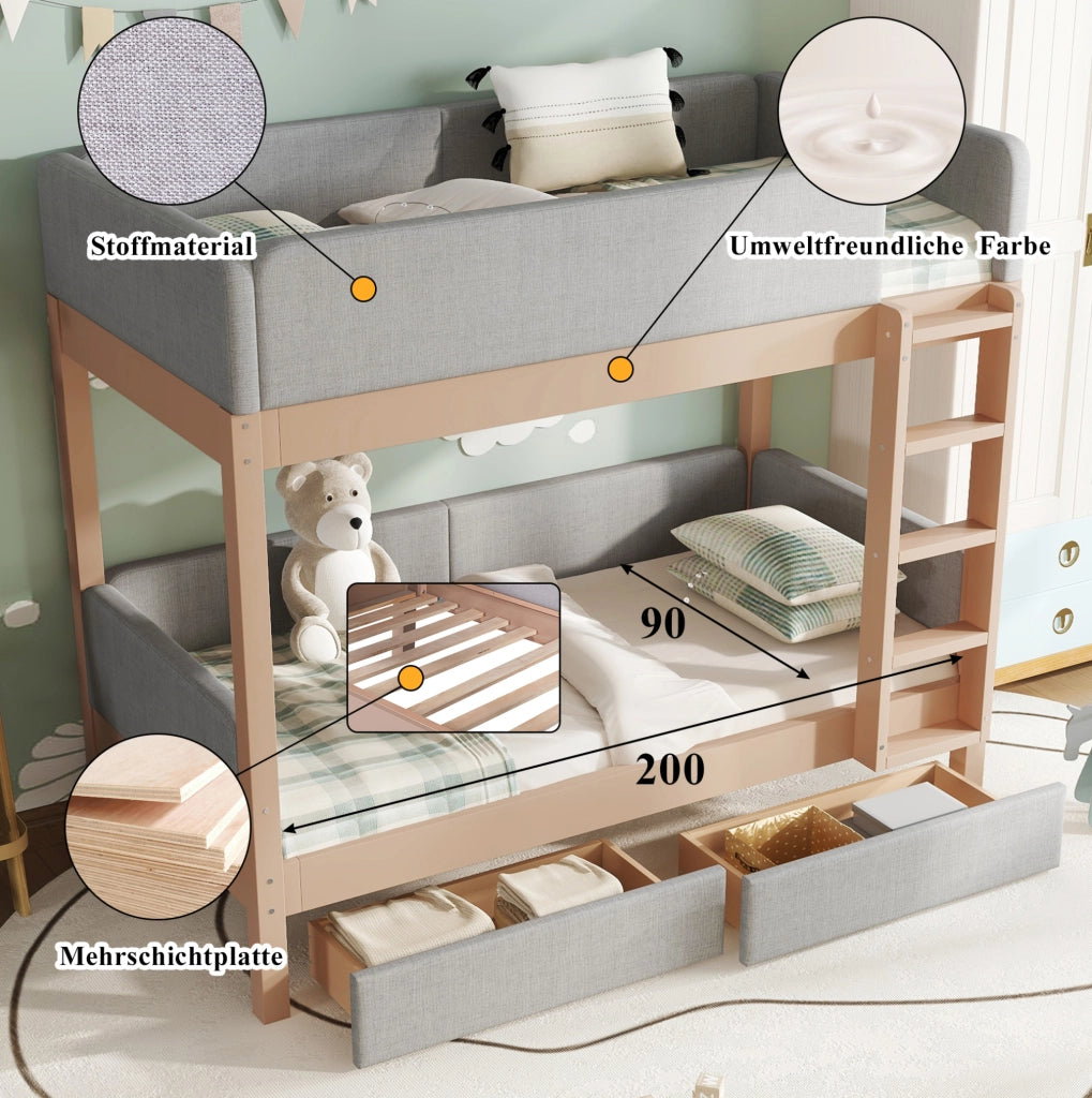 Letto a castello per bambini 90x200 cm grigio e naturale