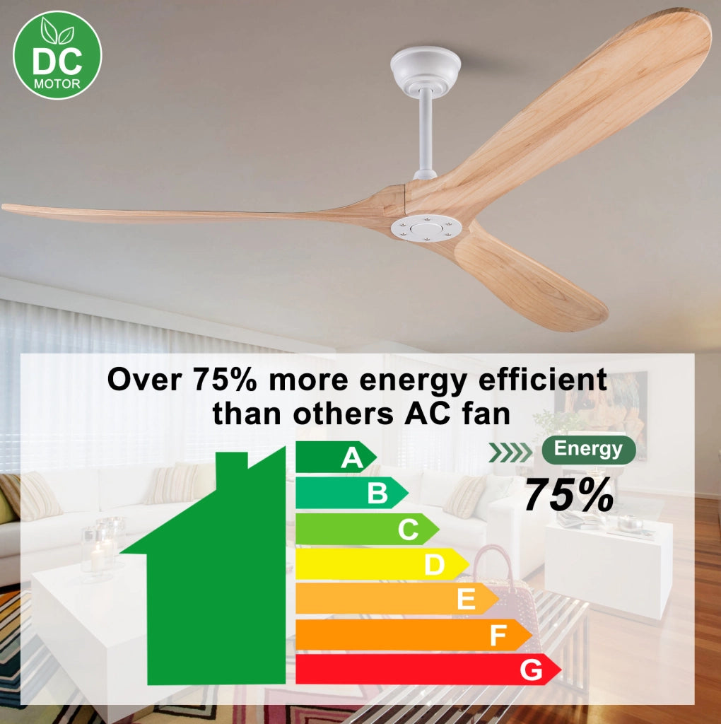 Ventilatore da soffitto senza luce con telecomando; 6 velocità; bianco e naturale