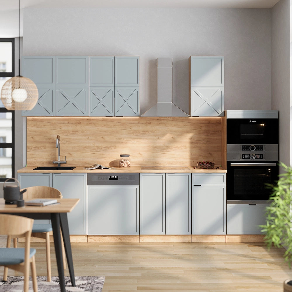Vicco Cucina componibile Rovere blu-grigio chiaro/oro 300 cm con armadio alto, PL Rovere