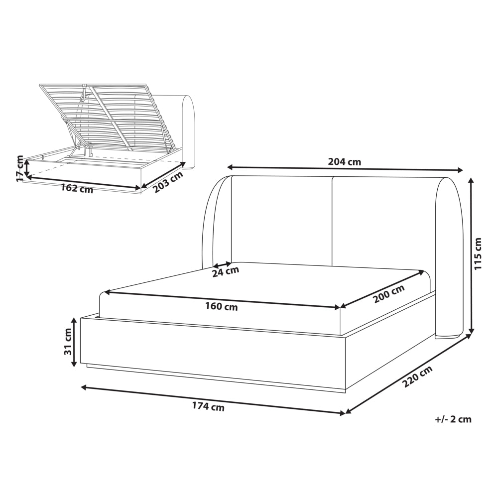 Letto matrimoniale con contenitore rivestito in tessuto bianco sporco con ampia testata 160 x 200 cm camera da letto elegante