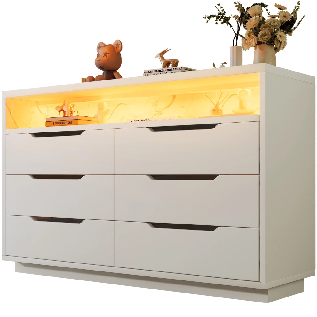 Credenza con 6 Cassetti e 1 Vano Aperto e LED per Soggiorno o Camera da Letto in Pannello di Truciolato 120×40×85 cm Bianco