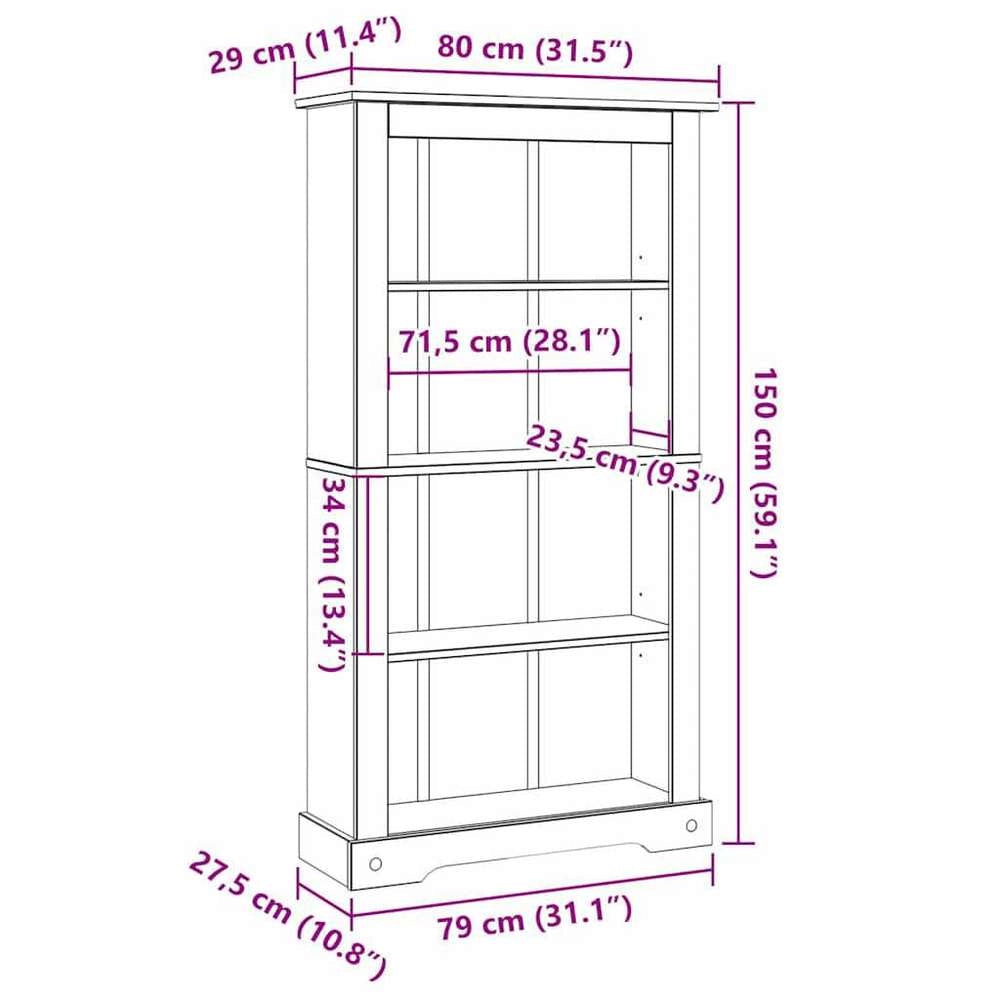 Bookcase With 4 Compartments, Mexican Style, Pine Wood, 80x29x150 Cm