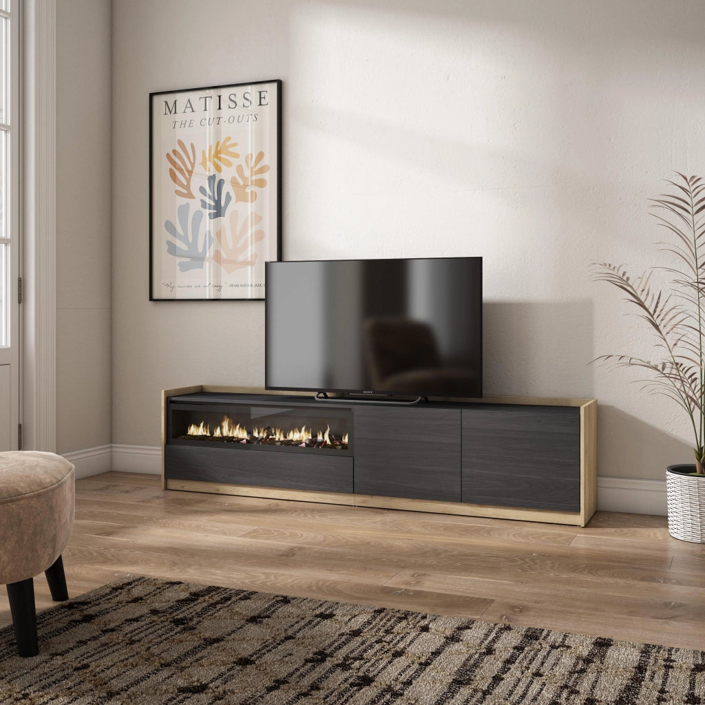 Mobile TV Soggiorno, 207x50x37 cm, Per TV fino a 80", Camino elettrico, Nero e rovere