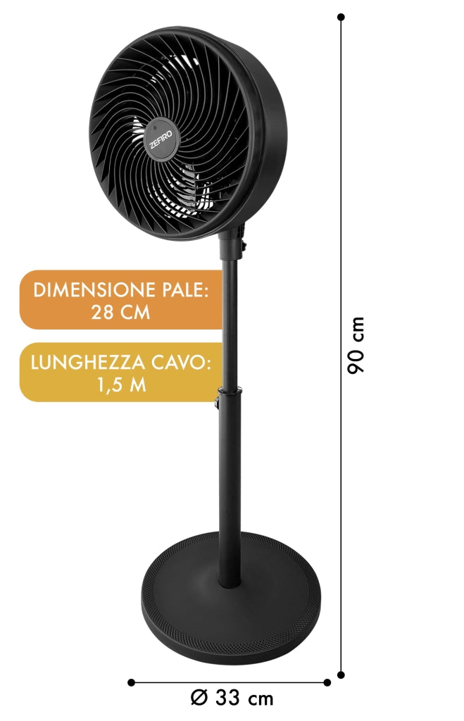 Ventilatore Piantana 70 Watt Base Rotonda 3 Velocità Grande Potente Oscillante Silenzioso Alto 90 Cm 5 Pale Colore Nero Design Moderno Prodotto Certificato Ce RoHS