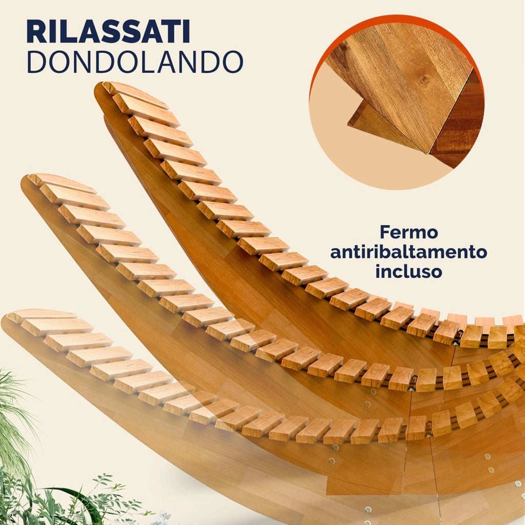 ® Sdraio a Dondolo JAVA Pieghevole 155x60x93 Portata 160 kg Legno Acacia Certificato FSC® Lettino Sauna Piscina
